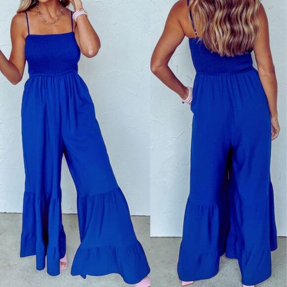 Pants - Bright Blue Wide Leg Jumpsuit